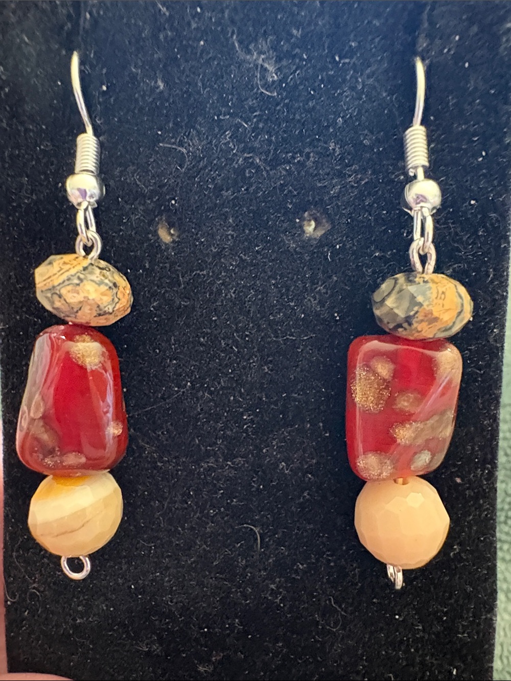 Hand Crafted Red Glass and Faceted Stone Drop Earrings - Women Jewelry